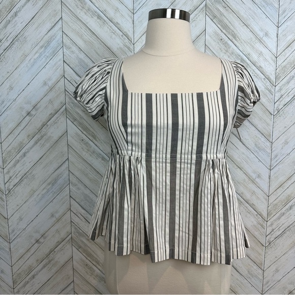 Rebecca Taylor Womens Cotton Square Neck Peplum Top Size 12 Stripe pattern - Picture 6 of 8